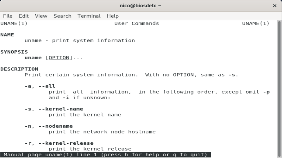Man page of uname command