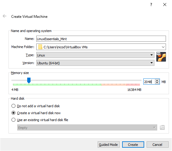 Creating a new VM - Name, OS and Memory